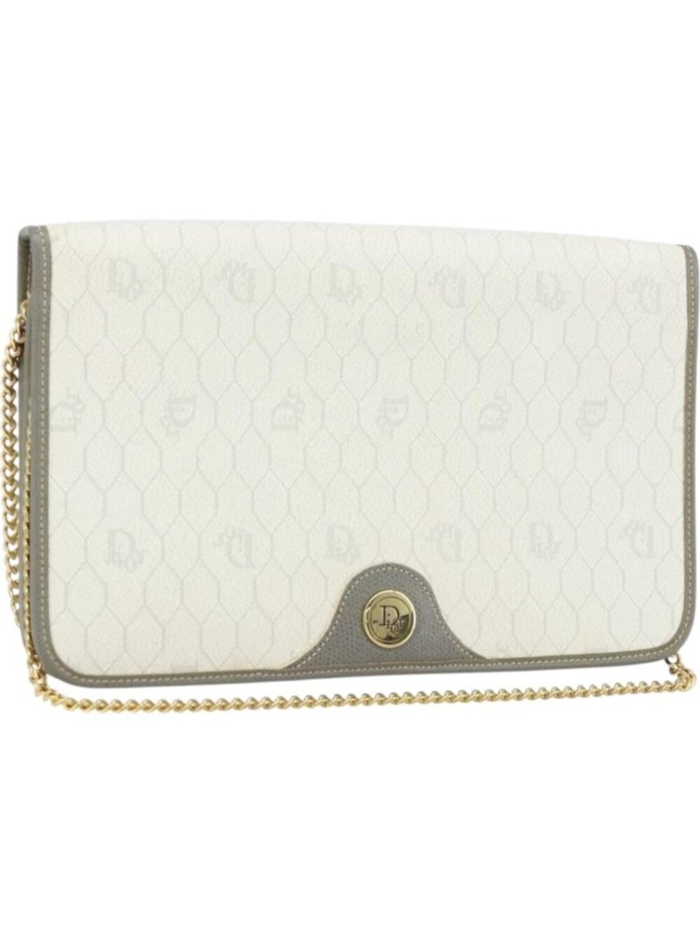 Christian Dior Honeycomb Canvas Chain Shoulder Bag PVC White Gold